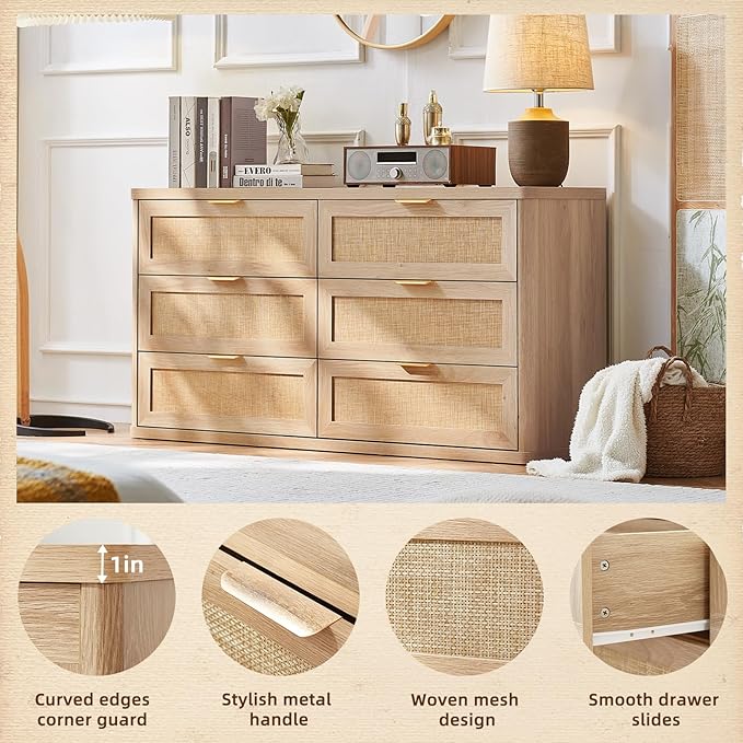 LEYAOYAO Rattan 6 Drawer Dresser for Bedroom Set of 2, Boho 54" Wide Natural Wood Dresser Chest of Drawers, Dressers TV Stand with Metal Handle, Storage Dressers Closet Organizer for Living Room