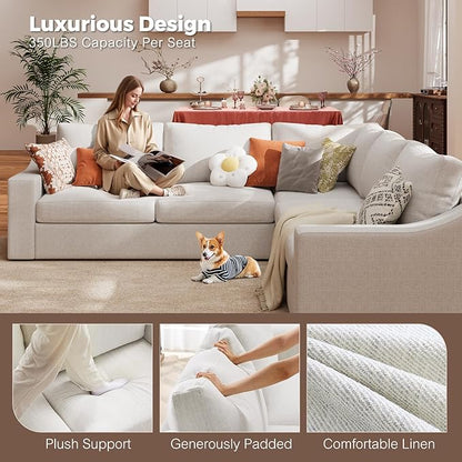 ABCASA 112" Modular Sectional Sofa, Large 5 Seater L Shaped Couch with Detachable Sofa Cover, Movable Ottoman, Deep Seat Corner Couch for Living Room, Apartment - Linen Fabric, Ivory