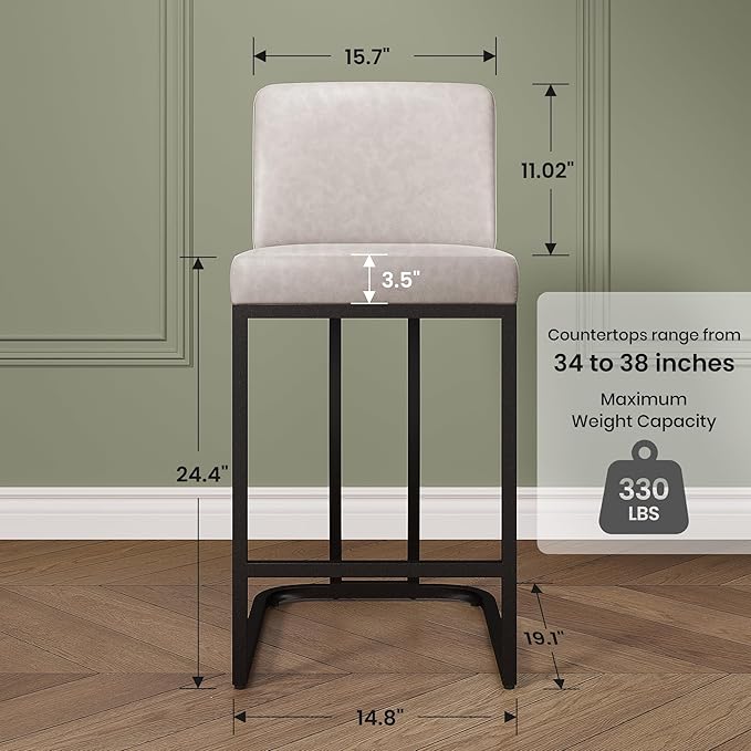 PHI VILLA Light Grey Bar Stools Set of 6, Faux Leather Counter Height Chairs, Kitchen Stools for Island, 24 Inch Barstools with Back