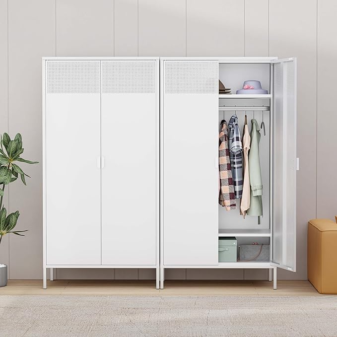 71 Inches White Metal Wardrobe Cabinet with Hanging Rod, Metal Armoire Wardrobe Closet with Doors for Bedroom, Office, Laundry Room and Changing Room, Metal Locker Cabinet