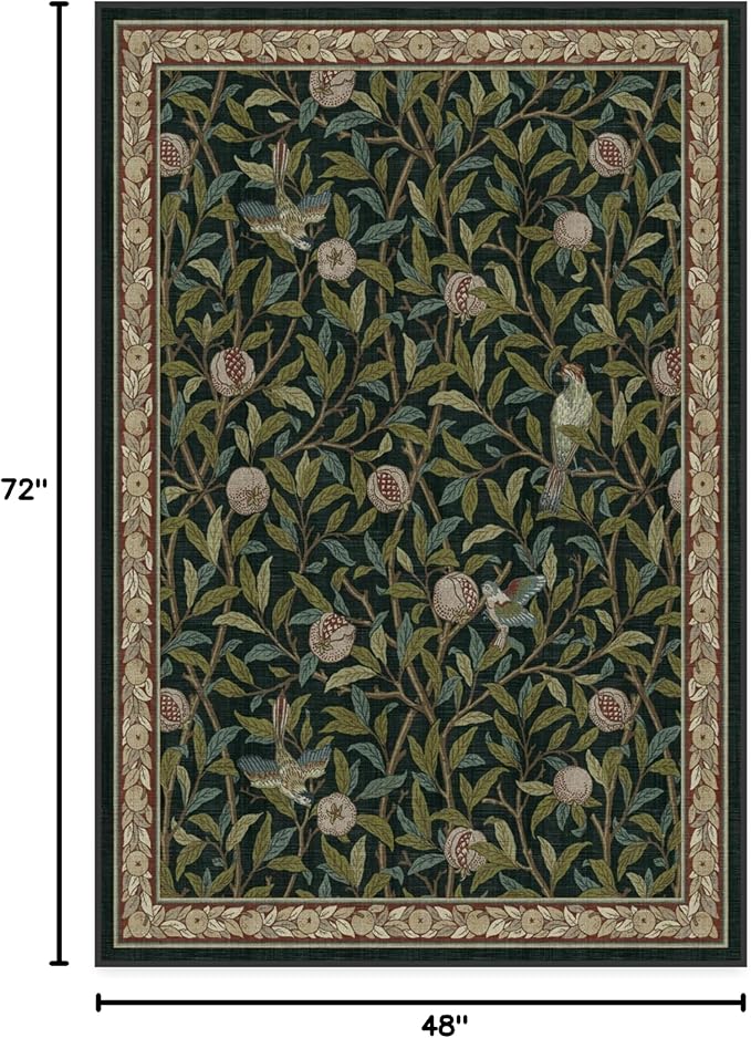 RUGGABLE x Morris & Co Washable Area Rug – Pomegranate Blue Green 4x6, Stain-Resistant, Non-Slip – Medium Machine Washable Rugs for Living Room, Bedroom, Hallway, Entryway & Office–with Standard Pad