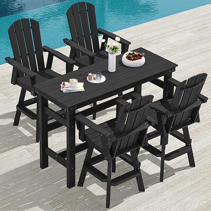 SERWALL 5-Piece Swivel Adirondack Bar Set, HDPE Swivel Bar Height Chairs Set of 4 with Bar Table, All-Weather Outdoor Barstools for Patio, Poolside, Garden, Black