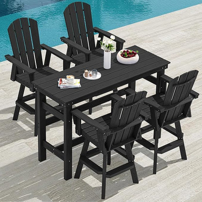 SERWALL 5-Piece Swivel Adirondack Bar Set, HDPE Swivel Bar Height Chairs Set of 4 with Bar Table, All-Weather Outdoor Barstools for Patio, Poolside, Garden, Black