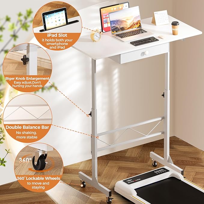 COMHOMA Small Standing Desk Adjustable Height Small Computer Desk Mobile Portable Rolling Laptop Table with Wheels 32" Computer Workstation Sit Stand Desks Portable Standing Table Treadmill desks