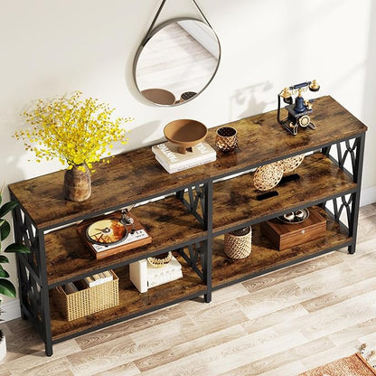 LITTLE TREE Console Table with Storage Shelves, 70.9" Industrial 3-Tier Sofa Table for Living Room, Long Foyer Table Entryway Table for Hallway, Front Door, Entrance, Rustic Brown & Black