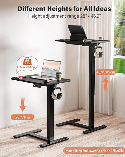 FiCiHi Small Electric Standing Desk - Adjustable Height Bedside Laptop Table with Wheels, Mobile, Rolling Computer Sit Stand Desks, Movable, Home Office, Sofa, Couch Use (24x16,Black)