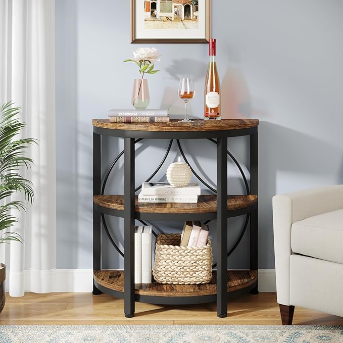 Tribesigns Half Round End Table for Living Room, 3-Tier Half Side Table with Metal Frame, Industrial Half Moon Table with Storage Shelves, Half Circle Accent Table for Entryway, Bedroom, Rustic Brown