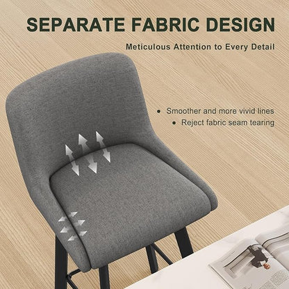 Swivel Bar Stools Set of 2, 30''H Upholstered Barstools with Backs, Modern Counter Height Bar Stool Chairs for Kitchen Island, Metal Legs, Fabric, Gray Counter Stools