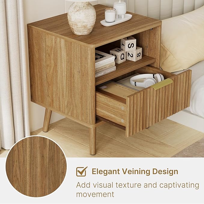 LYNSOM Fluted Dresser and Nightstand Sets 3 Piece, 5-Drawers Dresser and 1-Drawer Nightstands Set of 2, Wood Bedroom Furniture Set for Home, Bedroom, Hallway, Natural Oak