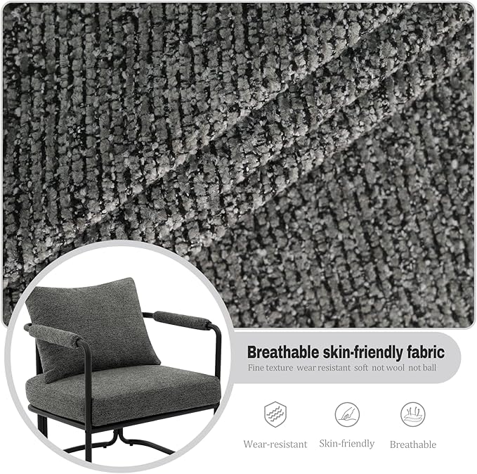 Accent Chairs Set of 2 for Living Room, Mid Century Modern Upholstered Reading Armchairs for Bedroom, Office, with Comfy Chenille Cushion & Metal Frame, Dark Grey