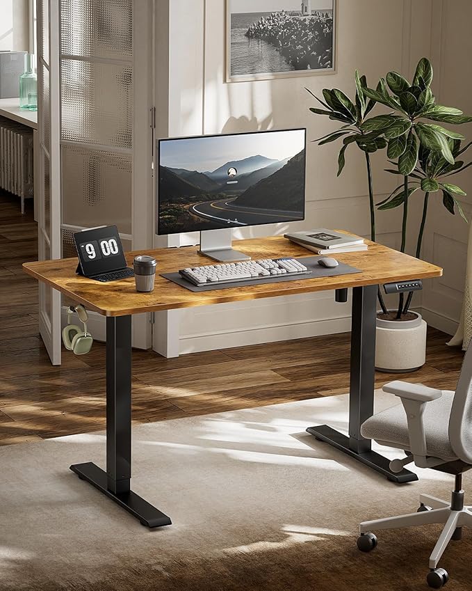 Marsail Electric Standing Desk – 48×24 Inch Adjustable Height Desk for Home & Office, Equipped with 4 Memory Presets, Headphone Hook & Cable Organizer, Rustic Brown Finish