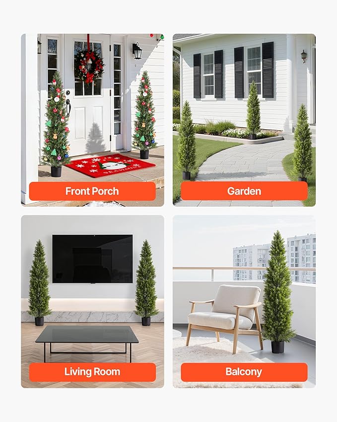 VEVOR Artificial Cedar Topiary Trees, 60 inch 2 Set Faux Pine Shrubs Plants, Fake Silk Tree Look Real, Easy Assembly for Decor Front Porch Outdoor Patio Garden Balcony Backyard Indoor Office