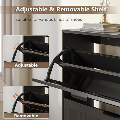 Shoe Cabinet for Entryway with 3 Flip Drawers, Slim Wooden Shoe Storage Organizer with Modern Fluted Pannel，Freestanding Narrow Hidden Shoe Rack for Hallway, Foyer, Living Room