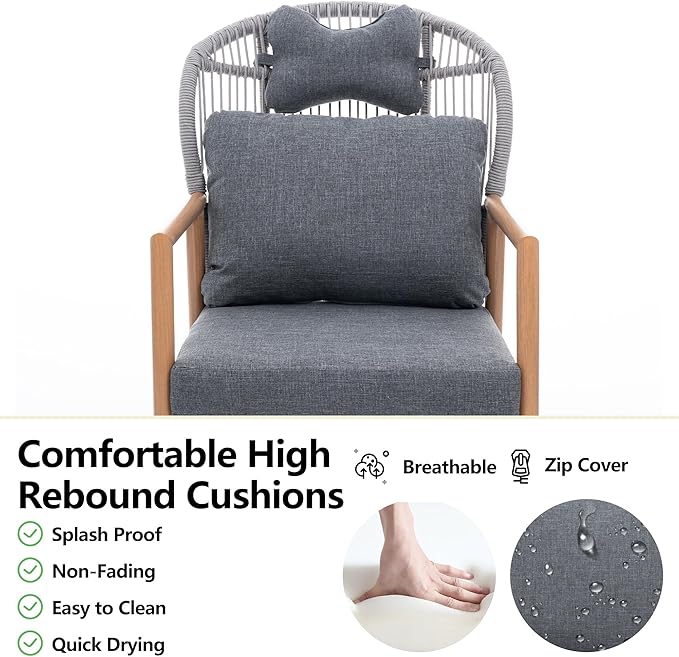 Modern Living Room Chairs, Accent Chairs Set of 2 with Coffee Table, Comfy Arm Chair with Cushions/Headrest, Reading Lounge Chair, Rattan Recliner Seating, Braid Armchair for Bedroom, Grey