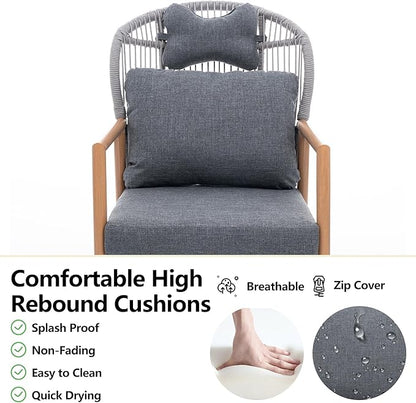 Modern Living Room Chairs, Accent Chairs Set of 2 with Coffee Table, Comfy Arm Chair with Cushions/Headrest, Reading Lounge Chair, Rattan Recliner Seating, Braid Armchair for Bedroom, Grey