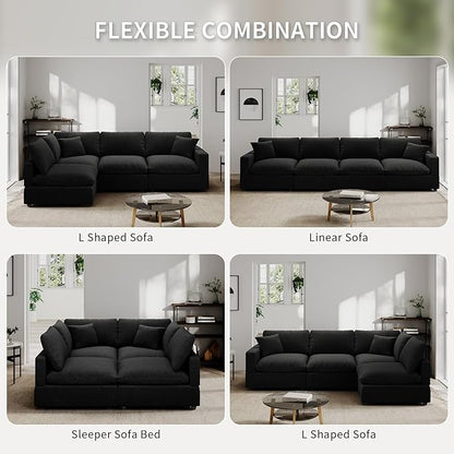 Modern Sectional Linen Couch for Living Room,4 Seat Modular Cloud Sofas,Detachable Couch Cushion Covers,Cozy Feather Down Sofa for Apartment Black