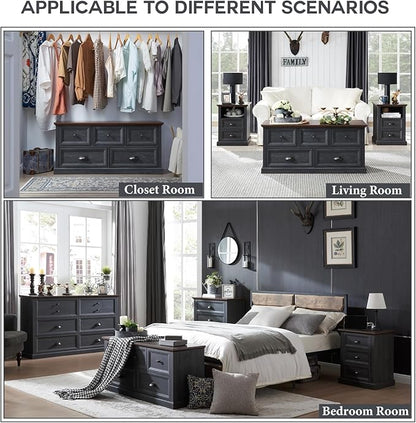 Farmhouse 5 Drawers Dresser for Bedroom, 45" Wide Chest of Drawers, 21" Tall Storage Closet Bench Storage Chest Storage Trunk, Wood Rustic Dresser for Closet, Living Room, Hallway, Dark Grey