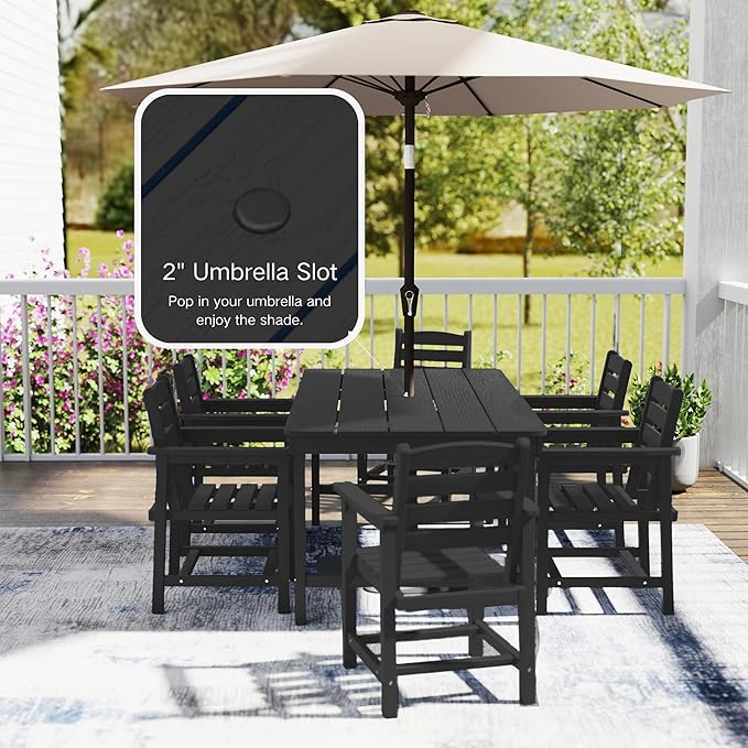 7 Piece Patio Dining Set with 11ft Patio Umbrella (Apple Green), 7 Black Outdoor HDPE Dining Set with 6 Chairs + 1 Large Table, for Market, Pool, Garden, Backyard, Deck