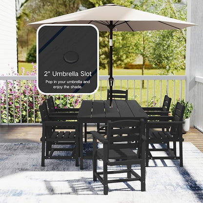7 Piece Patio Dining Set with 11ft Patio Umbrella (Dark Green), 7 Black Outdoor HDPE Dining Set with 6 Chairs + 1 Large Table, for Market, Pool, Garden, Backyard, Deck