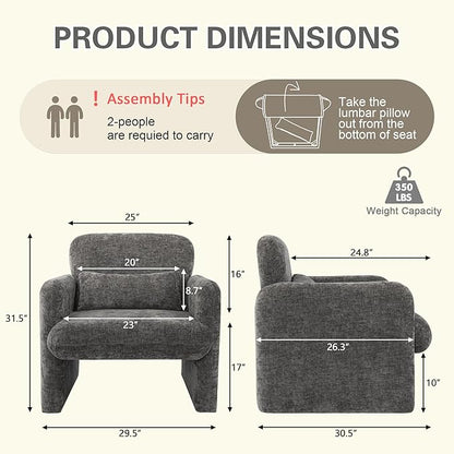 LSSPAID Modern Accent Chairs, Chenille Fabric Armchairs for Living Room, Comfy Upholstered Leisure Single Sofa Chair with Lumbar Pillow for Bedroom, Balcony, Office (Charcoal, Set of 1)