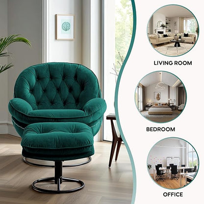 Set of 2 360° Swivel Modern Velvet Accent Chair with Ottoman | Mid-Century Button Tufted Lounge Chair for Living Room & Bedroom, Green