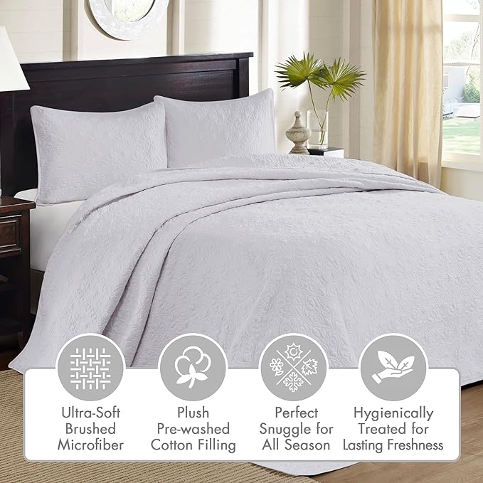 Madison Park Quebec Reversible Quilt Set Damask Design, Double Sided Stitching All Season, Lightweight Bedspread Bedding Set, Matching Sham, White, Oversized King(120"x118") 3 Piece