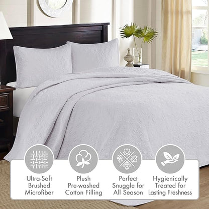Madison Park Quebec Reversible Quilt Set Damask Design, Double Sided Stitching All Season, Lightweight Bedspread Bedding Set, Matching Sham, White, Oversized King(120"x118") 3 Piece