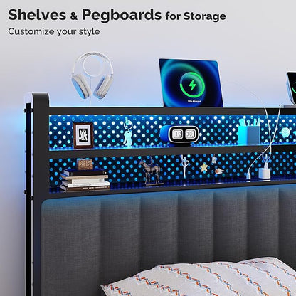 VINGLI Full Size Headboard Only, Adjustable Upholstered Headboard with 3 Tier Shelves and Pegboard with Charging Stations and LED Lights, Modern Bed Headboard with Storage for Bedroom Decor