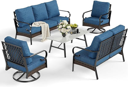 5 PCS Metal Outdoor Patio Furniture Set, Patio Conversation Set with 1 3-Seater Sofa, 2 Swivel Sofa, Coffee Table - Black & Blue