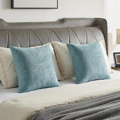 FUTEI Grey Blue Velvet Throw Pillow Covers 22x22 Inch Set of 2,Soft Embossed Leaf-Relief Textured Cushion Cases,Natural Home Decor for Couch Living Room
