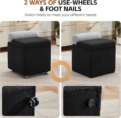 Boucle Vanity Chair with Storage, Swivel Makeup Vanity Chair with Wheels & Safety Hinge, Upholstered Vanity Stool Ottoman for Bedroom, Dressing Room, Black