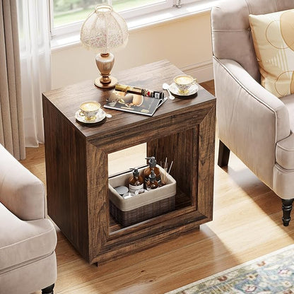 Tribesigns Rustic Wood End Table, 2 Tiered Square Side Table with Storage Shelf, Industrial Sofa Side Table for Living Room, Entrance (2, Brown)