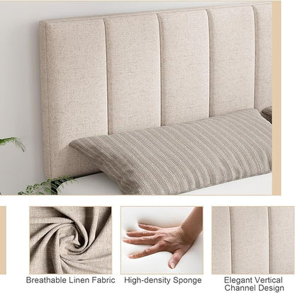 Giantex Linen Upholstered Headboard, Adjustable Width Vertical Channel Tufting Headboard Only with Solid Wood Legs, Attach Frame, Rectangular Headboards for Queen Full Bed, Beige