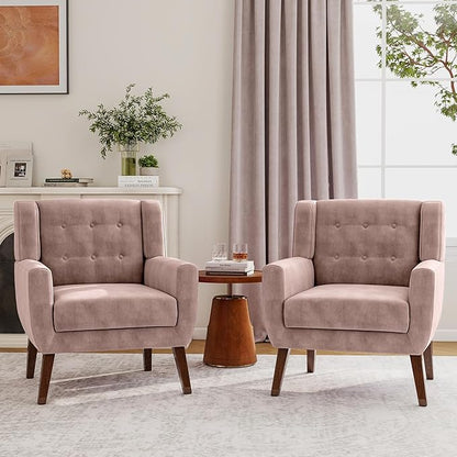Lumibee Accent Chairs Set of 2, Velevet Fabric Armchairs for Living Room, Comfy Upholstered Arm Chairs Tufted for Indoor Bedroom Office Room (Pink Velvet)