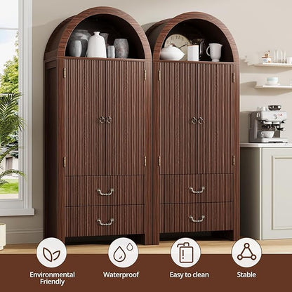 FURSUN 71" Tall Fluted Arched Bookshelf with Doors, Wood Pantry Storage Cabinet with 2 Large Drawers, Modern Versatile Bookcase for Living Room, Kitchen, Dining(Dark Walnut)