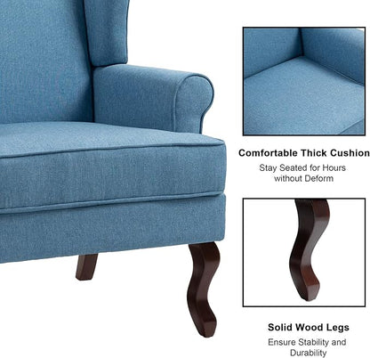 Accent Chair, High Back Upholstered Armchair with High Resilience Sponge & Wood Legs, Mid-Century Modern Comfy Single Sofa Reading Chairs for Living Room, Bedroom (Blue, Set of 2)