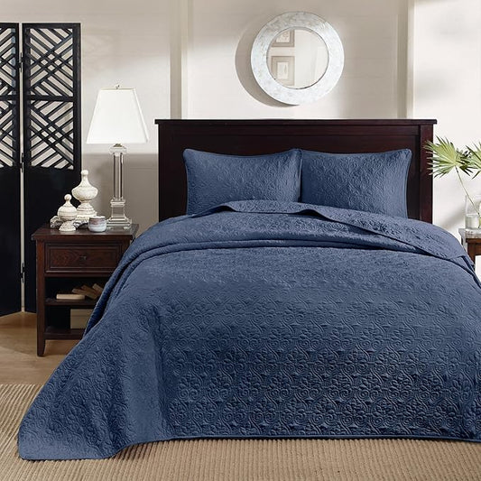 Madison Park Quebec Queen Size Quilt Bedding Set - Navy , Damask – 3 Piece Bedding Quilt Coverlets – Ultra Soft Microfiber Bed Quilts Quilted Coverlet