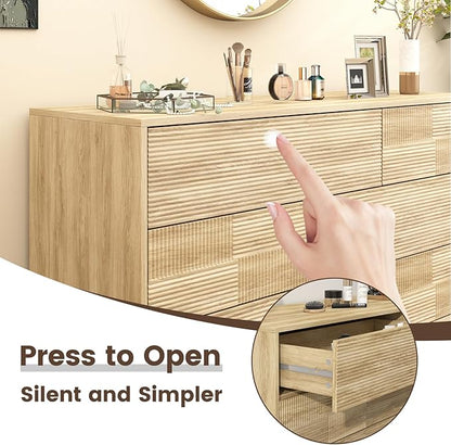 Hadulcet Fluted 6 Drawers Dresser for Bedroom, Modern Minimalist Style, 47” Wide Handleless Chest of Drawers, Wooden Dresser TV Stand, Closet Clothes Storage Organizer for Hallway, Natural Oak