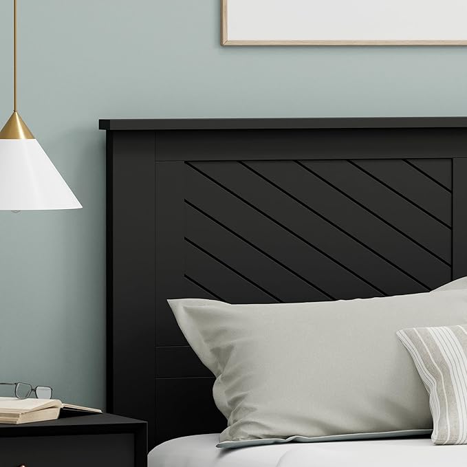 Serene Poplar Wood Full Size Headboard in Black, Modern Farmhouse Panel with Chevron Scoring, Casual Coastal Style, Easy Assembly, Quality Materials