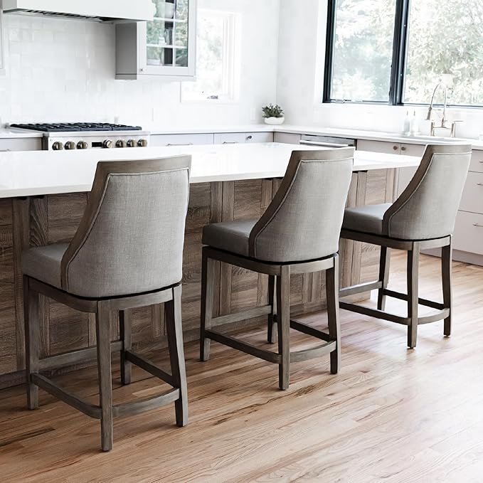 Maven Lane Vienna Counter Stools 26 Inches – Set of 3 – Swivel Stools with Footrests – Grey Solid Wood and Grey Fabric Upholstery – Ideal for Kitchen Islands and Counters