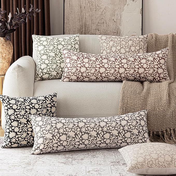 Foindtower Set of 2 Decorative Long Body Lumbar Throw Pillow Covers Accent Farmhouse Cushion Covers Boho Floral Pillowcase for Couch Sofa Bedroom Living Room Home Decor,14×36 Inch,Rustic Gray