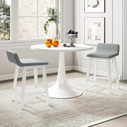 COSTWAY Wooden Counter Stools Set of 4, 24-inch Height Upholstered Padded Seat, Low Backrest, Footrest, Rubber Wood Legs, Armless Barstools for Kitchen Island, Dining Room, White+Gray