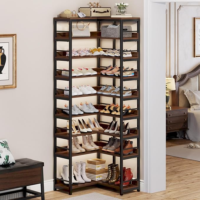 Tribesigns 9 Tiers Corner Shoe Rack, Tall Vertical Shoe Rack Organizer, Free Standing Large Shoe Storage Shelf for Entryway Hallway Closet, Space Saving, Rustic Brown
