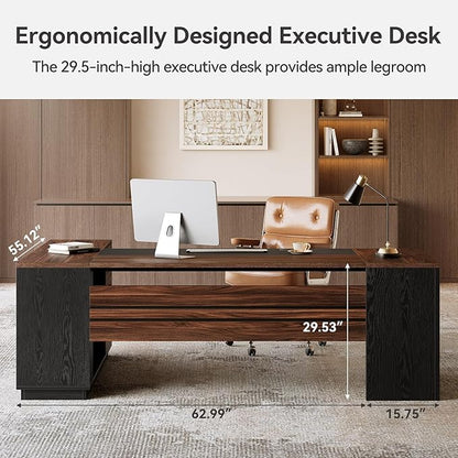 LITTLE TREE 78.7 Inches Modern Executive Desk with File Cabinet, Extra Large L Shaped Home Office Desk with Drawers, Professional Spacious Workstation for Home Office (Brown & Black)