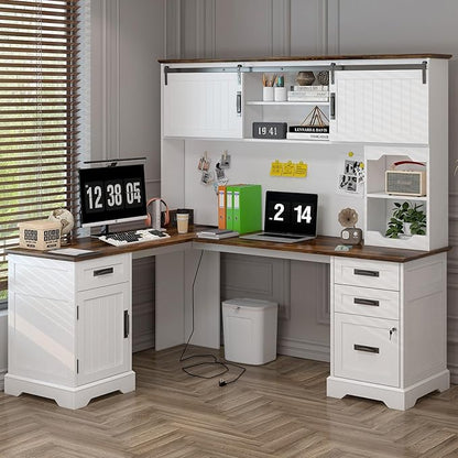 Executive Desk, Farmhouse Home Office Desk with Drawers and Storage Cabinet, Wood Computer Desk for Work and Study, Antique White (Style Two)