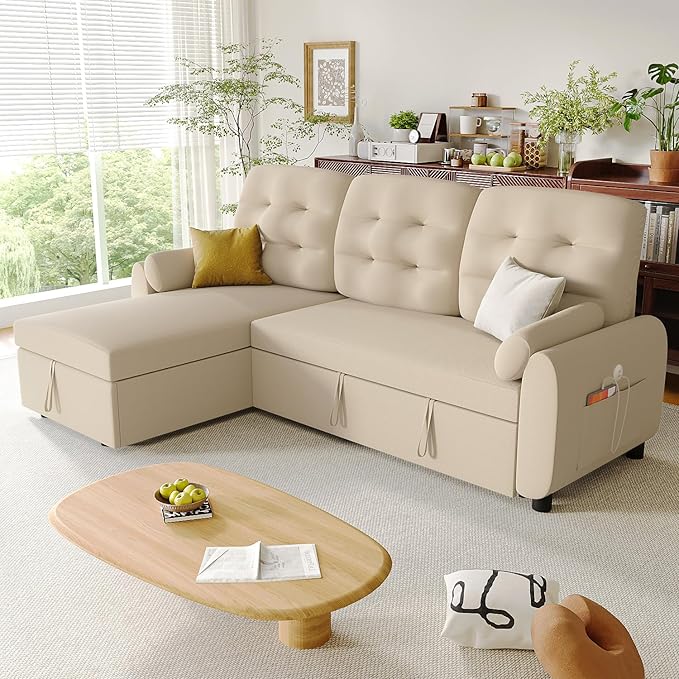 Ucloveria Sleeper Sofa Bed, 86" Convertible Sectional Sofa Couches for Living Room, Pull Out Couch Bed with Reversible Storage Chaise | USB Ports | Side Pockets | Removable Backrest