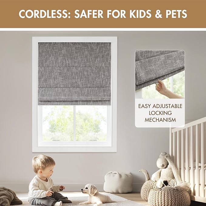 Madison Park Cordless Roman Shades, Total Blackout Window Blind Privacy Window Shades, Thermal Insulated Cordless Window Treatment for Bedroom, Living Room, Quincy, Single Panel 27" W X 64" H Grey