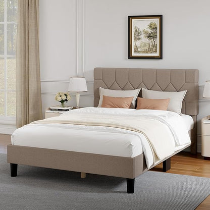 Novilla Full Size Bed Frame, Full Bed Frame with Wood Slats Support, Linen Upholstered Pull-Point Headboard, No Box Spring Needed, Heavy Duty Feet, Easy Assembly, Beige