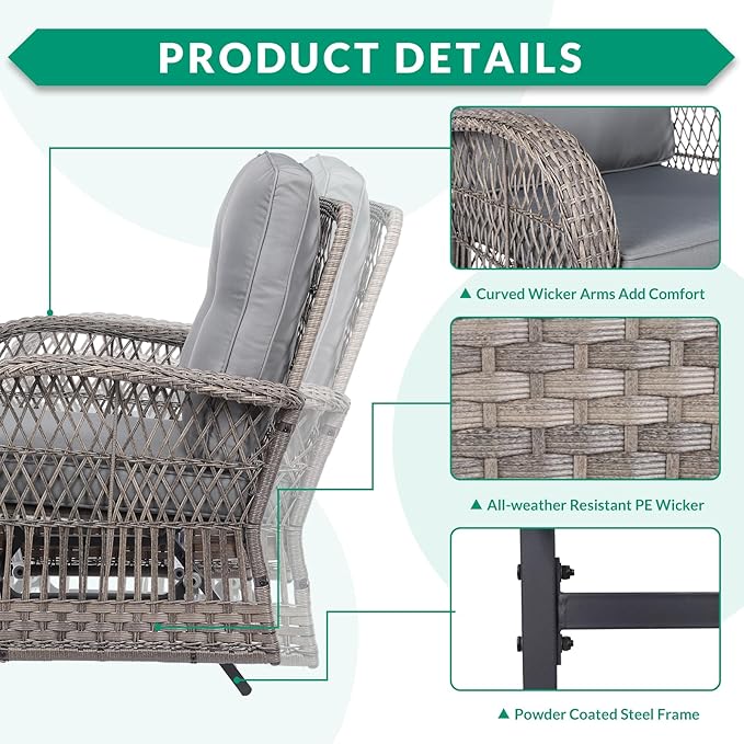 VIVIJASON 2-Piece Outdoor Wicker Glider Rocking Chair, Patio Rattan Swing Glider Chairs with Cushions & Steel Frame, All-Weather Gliding Lawn Wicker Furniture for Garden Backyard Porch, Grey