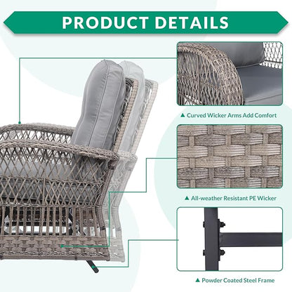 VIVIJASON 2-Piece Outdoor Wicker Glider Rocking Chair, Patio Rattan Swing Glider Chairs with Cushions & Steel Frame, All-Weather Gliding Lawn Wicker Furniture for Garden Backyard Porch, Grey